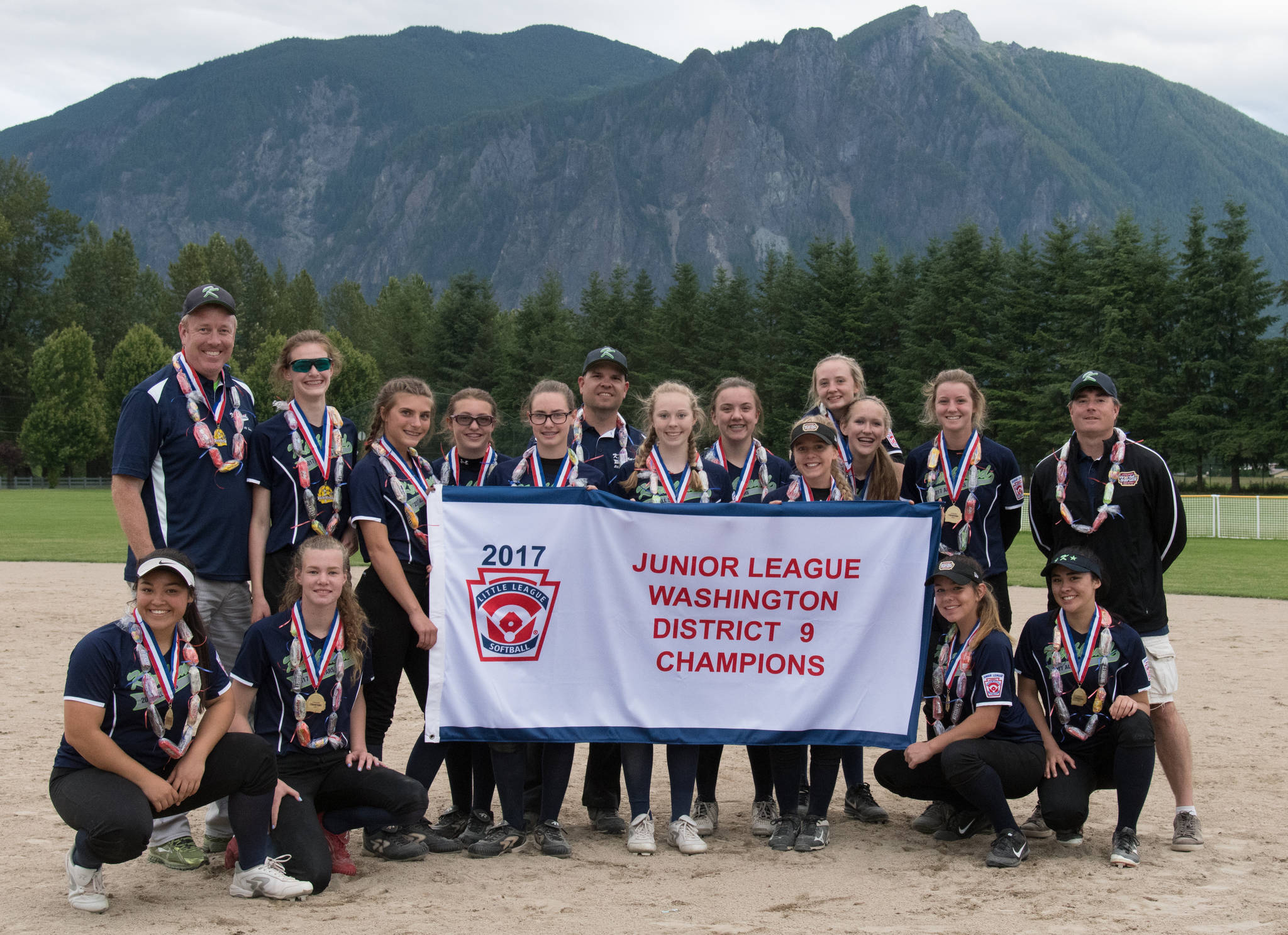 Kirkland’s junior all-star softball squad won the District 9 title. Back row standing left to right: Manager Mikal Norman, Antonia Norman, Ruby Olmstead, Ashley Allen, Mackenzie Burke, coach John Allen, Abbie Reynolds, Lilly Bean, Haley Brown, Claire Towey, Kaia Bradford, Anna Fridell and coach Shane Reynolds. Front row squatting left to right: Maliena Carelli, Kaci Gordon, Maddy Miller and Amy Chen. Courtesy photo