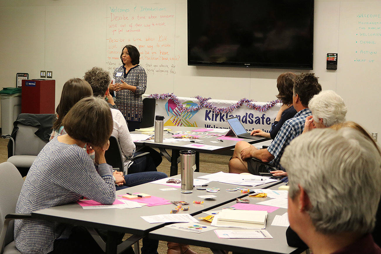 Debbie Lacy, co-founder and director of the Eastside Refugee and Immigrant Coalition (ERIC), is the featured speaker at the first KirklandSafe meeting. CATHERINE KRUMMEY / Kirkland Reporter