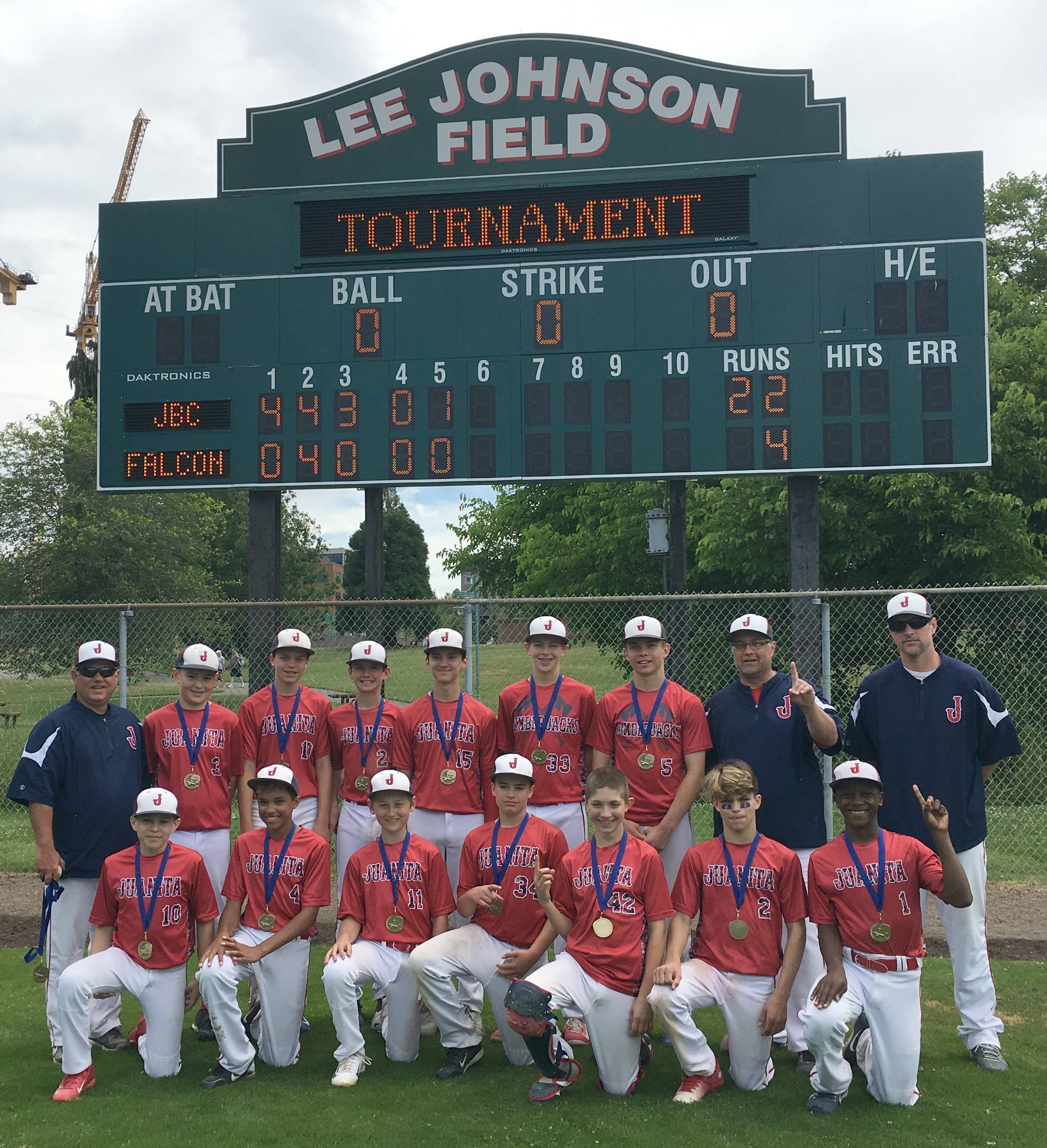 The Juanita Baseball Club’s 13U Pony team went undefeated in the Kirkland Fireworks Tournament. Pictured top row, left to right, is coach Jeff Trautmann, Luke Davidson, Parker Bredice, Logan Johnson, Jackson Wojcicki, James Koop, Cooper Kennison, coach Jeff Carr and coach Tom Funk; front row, left to right, Jack Neal, Adonis Baker, Blake Hamilton, Ben McKay, Colton Funk, Gavin Lanphear and Izaiah Mitchell. Courtesy photo