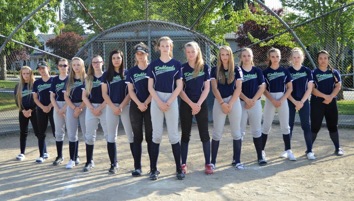 Kirkland’s District 9 champion squad that will compete in the Junior Softball World Series. Left to right: Haley Brown, Maddy Miller, Ashley Allen, Claire Towey, Mackenzie Burke, Amy Chen, Anna Fridell, Antonia Norman, Kaci Gordon, Kaia Bradford, Lilly Bean, Ruby Olmstead, Abbie Reynolds and Maliena Carelli. Courtesy photo
