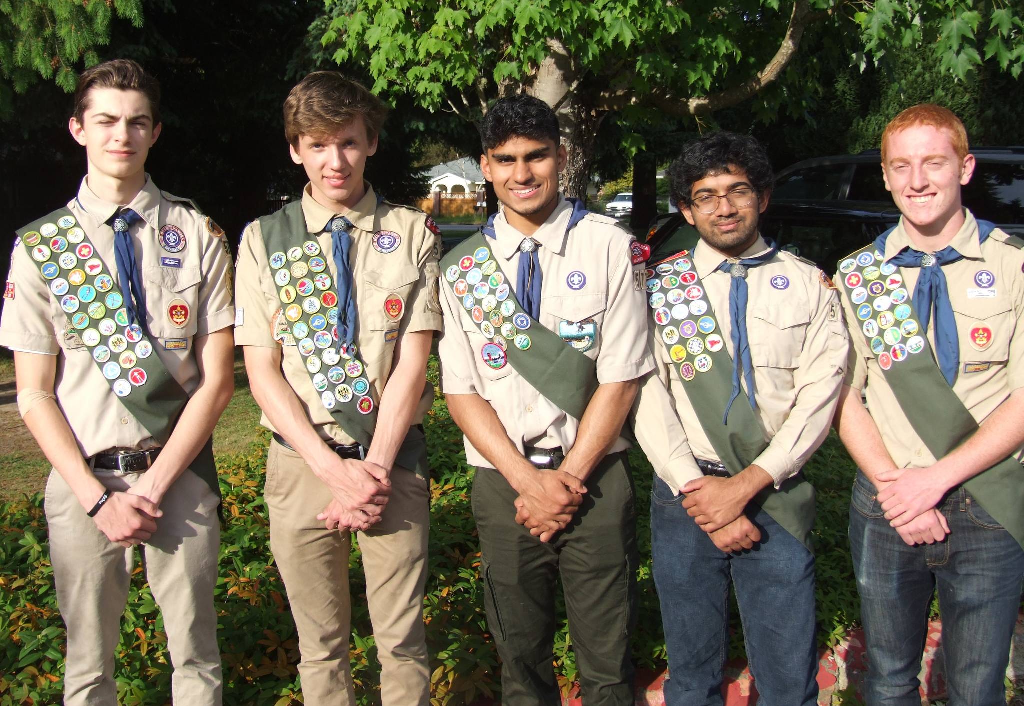 From left, Andrew Vincent, Brock Powell, Shayan Nathan, Korok Sarkar and Louis Norred of Redmond/Kirkland Boy Scout Troop 577 have all recently earned their Eagle Scout rankings. Their projects benefited local and international communities. Courtesy photo
