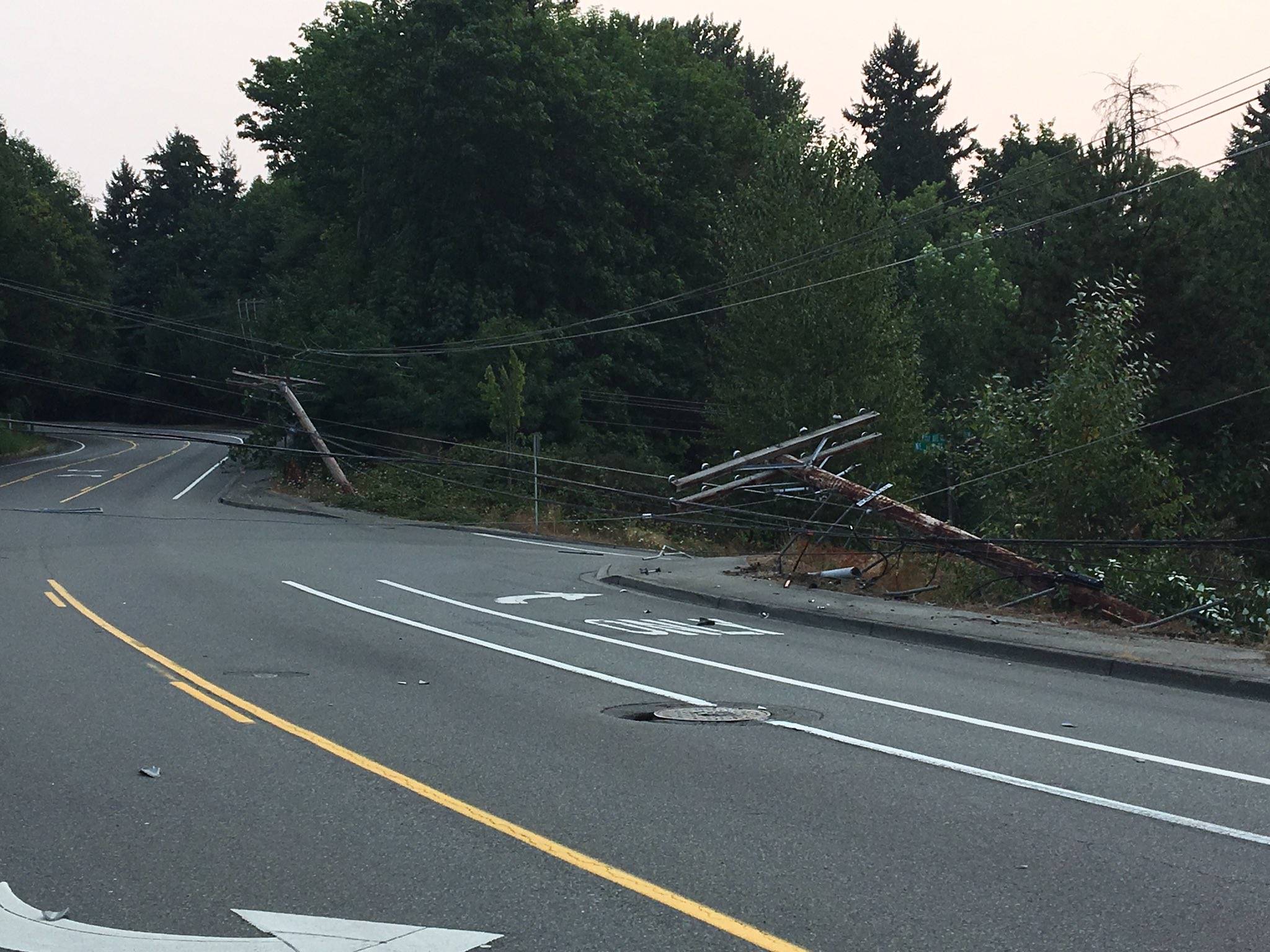 Downed power poles after a single vehicle collision. Courtesy of Kirkland Police Department Twitter