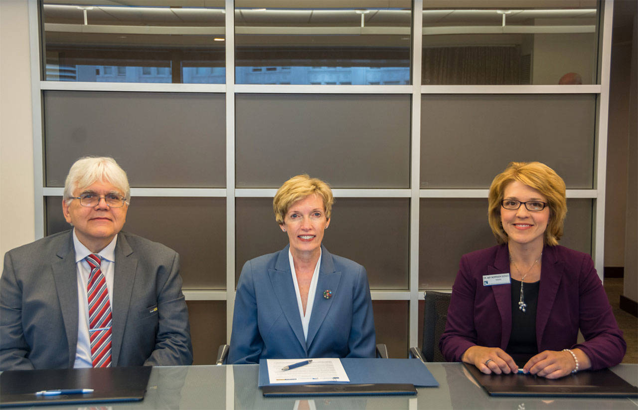 Dr. Gary Kuleck, provost of Oregon Institute of Technology, Kathy Kinloch, president of British Columbia Institute of Technology, and Dr. Amy Morrison Goings, president of Lake Washington Institute of Technology signed the memorandum of understanding Sept. 12. Courtesy of LWTech