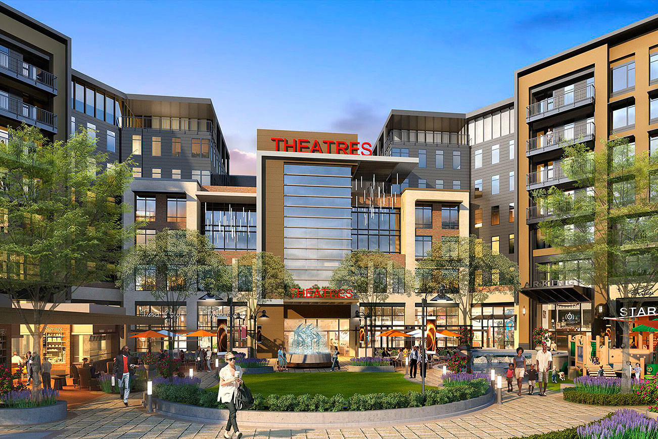 An artistic rendering of the central plaza and storefronts at The Village at Totem Lake. Courtesy of CcnterCal.