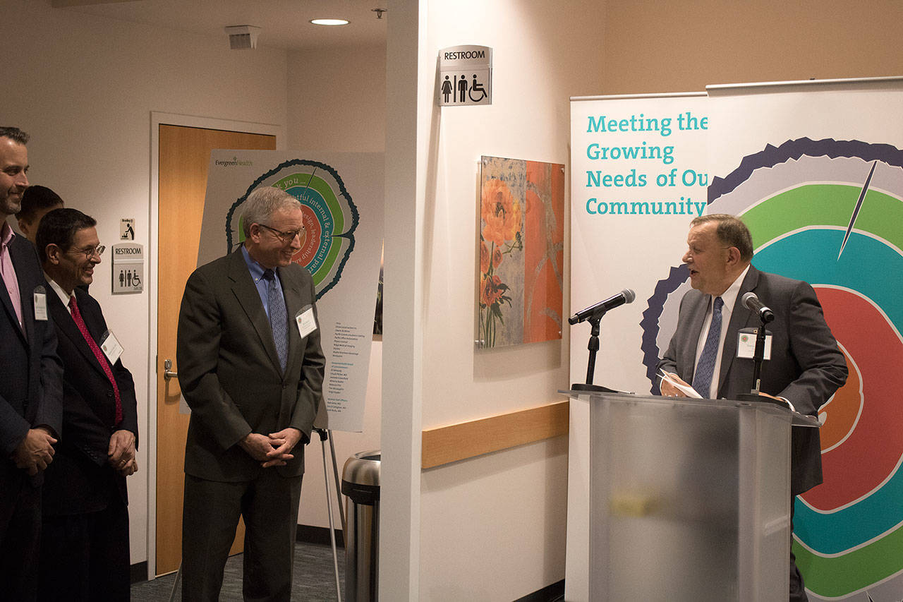 Kenmore Mayor, David Baker, speaks at the grand opening celebration for the new EvergreenHealth location across the street from city hall.