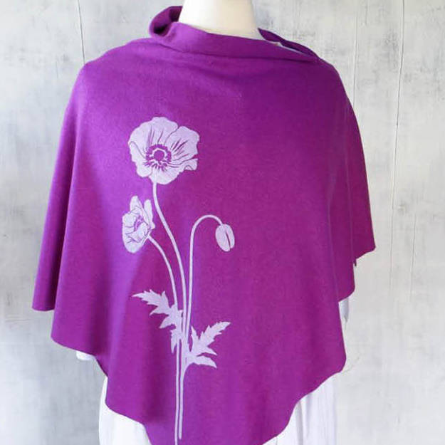 Seattle artist Shino Mikami’s eco-friendly women’s poncho made of hemp/organic cotton jersey displays a picture of poppy flowers screen-printed on the front. Courtesy of the artist