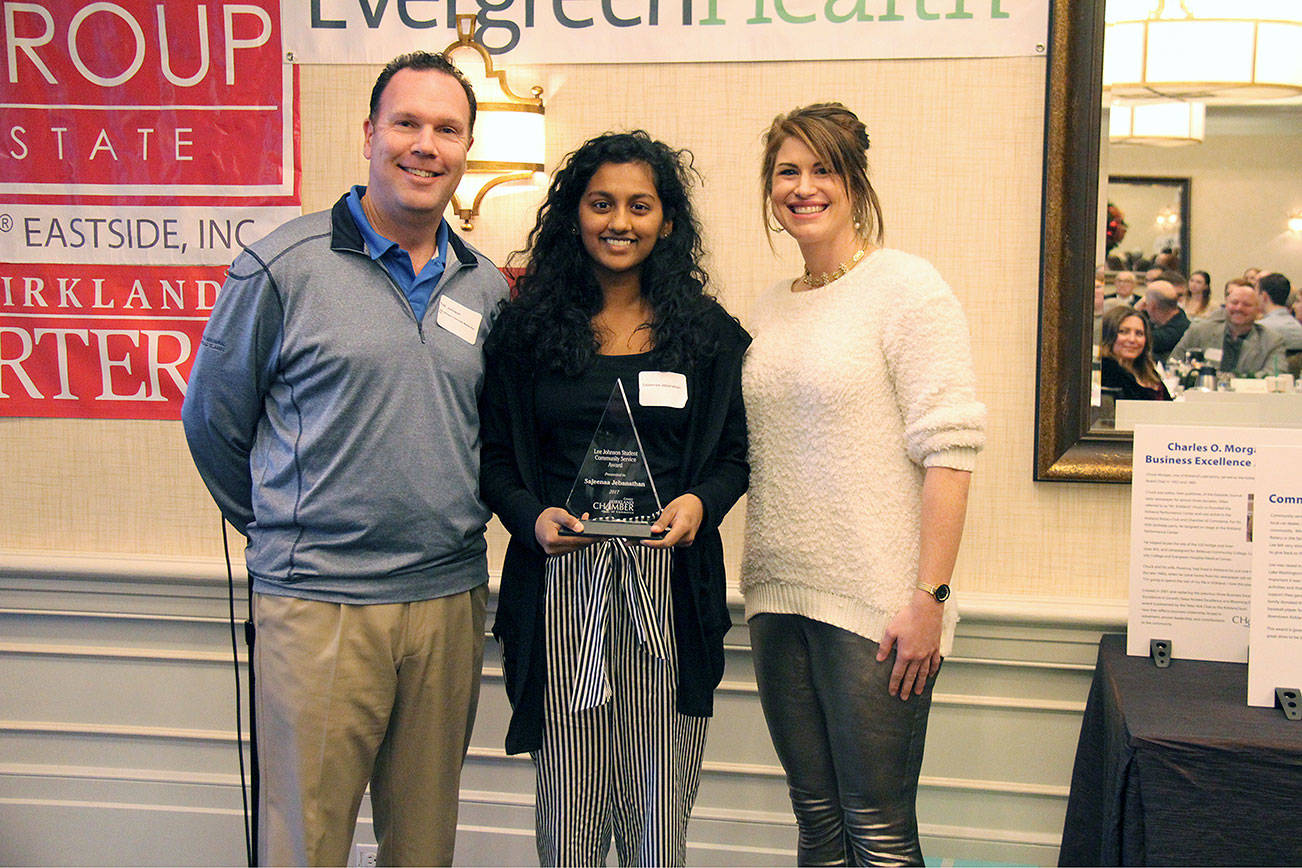 Sajeenaa Jebanathan (Middle) from Lake Washington High School receives the Lee Johnson Student Community Service Award. Katie Searle (Right) a Lake Washington School District CTE Specialist, and Tod Johnson (Left) of the Johnson family presented the award. &lt;em&gt;Kristina Bowman, Lake Washington School District&lt;/em&gt;