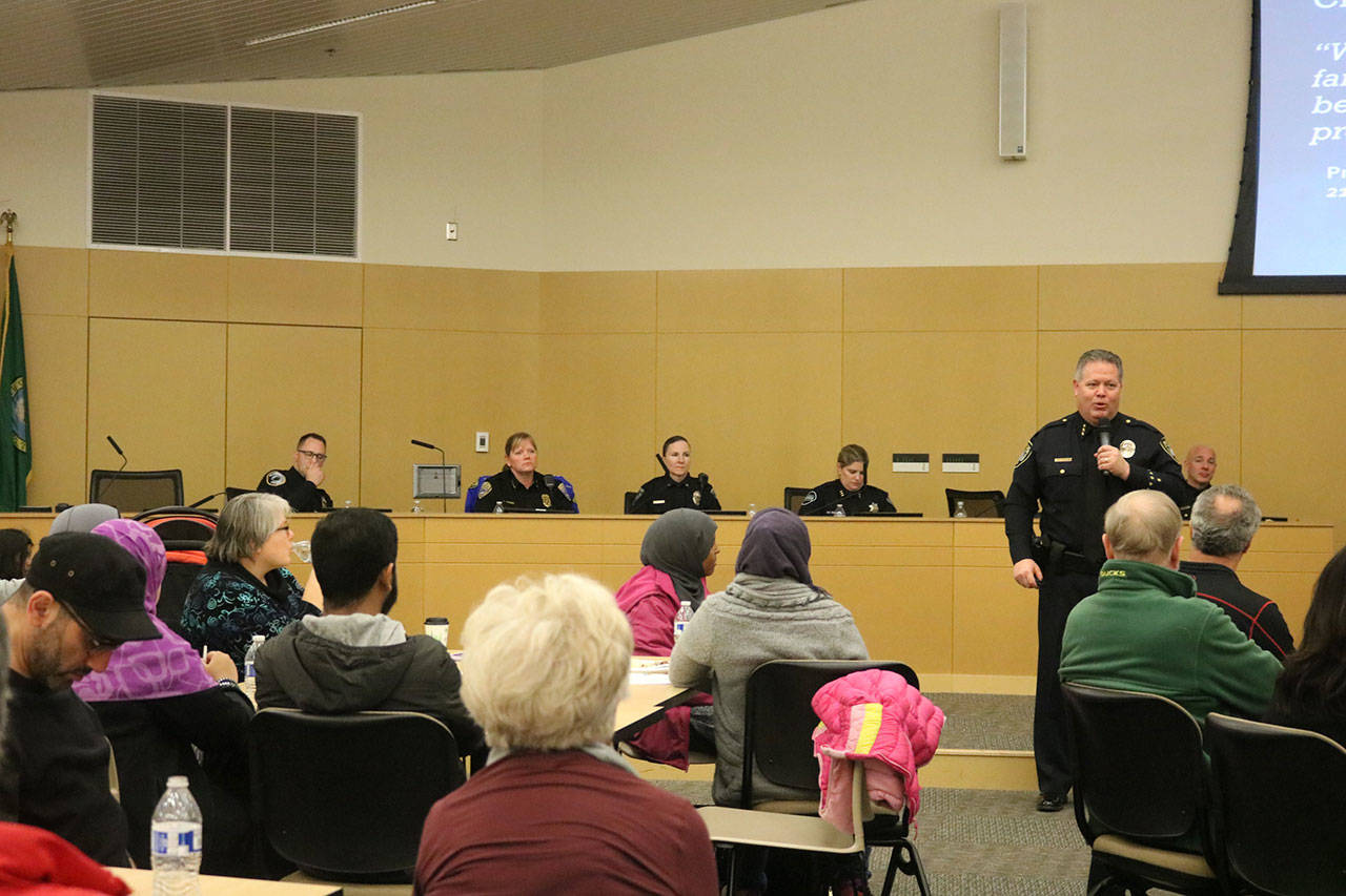 Bellevue Police Chief Steve Mylett welcomes everyone to the forum. Nicole Jennings, Reporter Newspapers