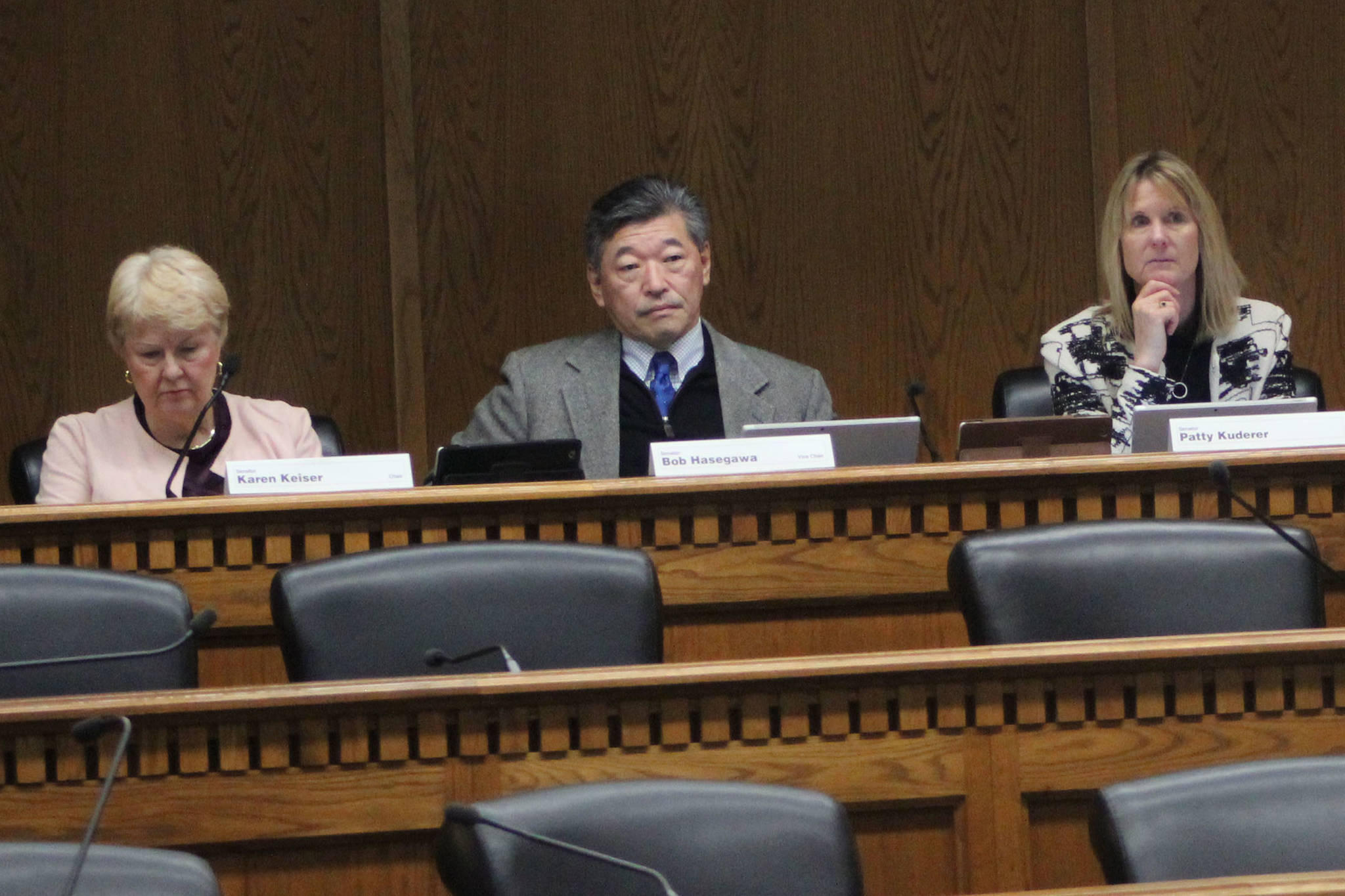 Senate Labor and Commerce Committee members Senators Karen Keiser, D-Kent; Bob Hasegawa, D-Beacon Hill; and Patty Kuderer, D-Bellevue. Photo by Taylor McAvoy
