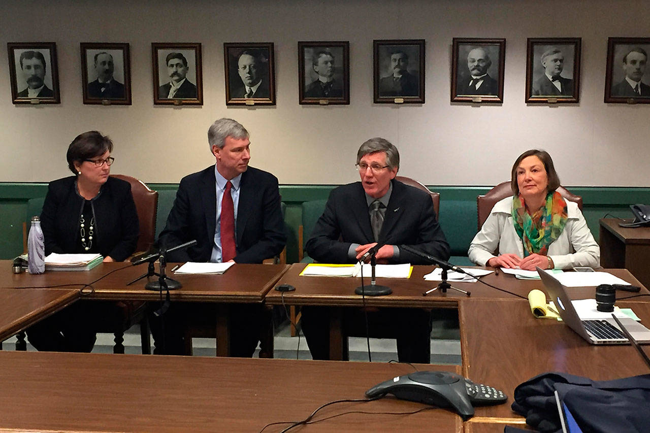 From left, Reps. Kristine Lytton, House Majority Leader Pat Sullivan, Timm Ormsby, and June Robinson announce the House Democrats’ budget proposal. &lt;em&gt;Photo by Josh Kelety&lt;/em&gt;