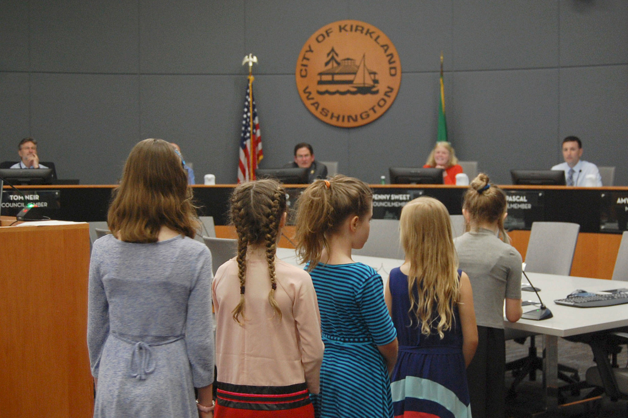 Third and fourth graders from Kirkland’s Community School address their city council on May 15, asking them to ban plastic straws. Katie Metzger/staff photo