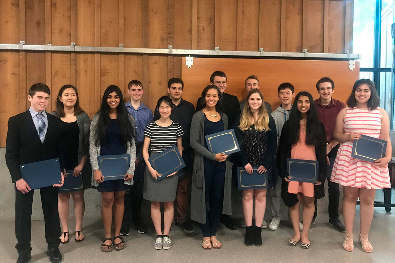 From left to right, back row: Nicolas Woolwine, Isaac John Perrin, Lucas Wall, Bradley Ross Cagle, Daniel Liu, Tyler Paul Zangaglia; front row: Scott Cavanagh, Michelle Um, Divya Parimi, Anna Wang, Jessica Wells, Jamie Ellen Hudson, Khushi Manish Chaudhari, Shawdi Mehrvarzan. Photo by Brandi Comstock. Photo courtesy of the Lake Washington Schools Foundation