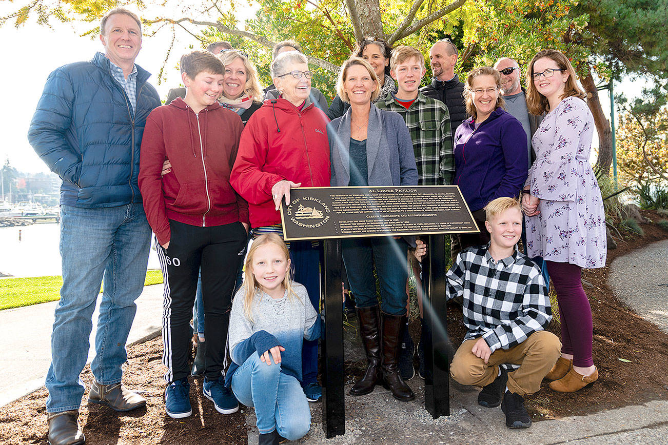The Locke family gathered to officially name the pavilion in honor of Kirkland’s first City Manager, Al Locke. Photo Courtesy of the City of Kirkland.