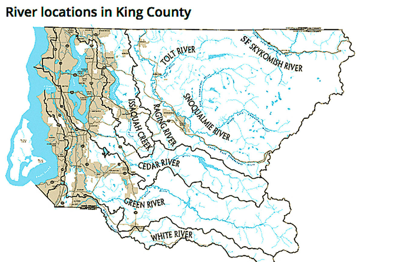 Map shows the major river locations in King County. Photo courtesy of King County