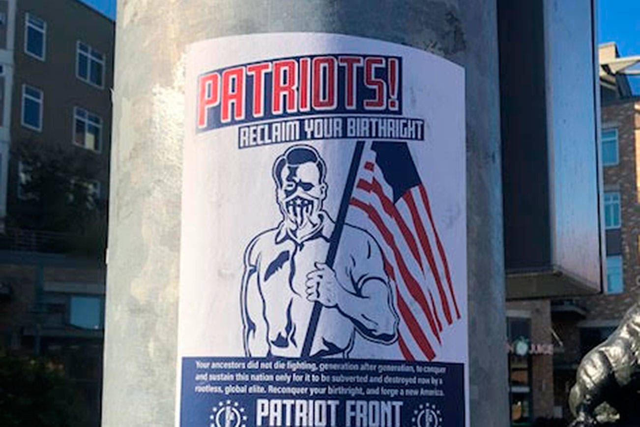 An example of the neo-Nazi propaganda which appeared recently in Kirkland. Posters like these are put up by the far-right group Patriot Front which can be removed or covered up by residents. Contributed photo