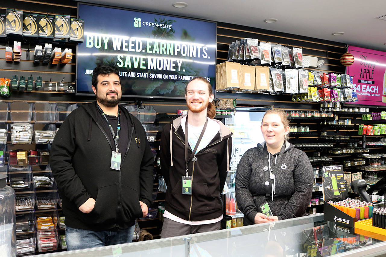 Staff at the Factoria Green Theory retail location. From left: Ari Emadi, Charlie Naughton, Marina Bridenbaugh. Evan Pappas/Staff Photo