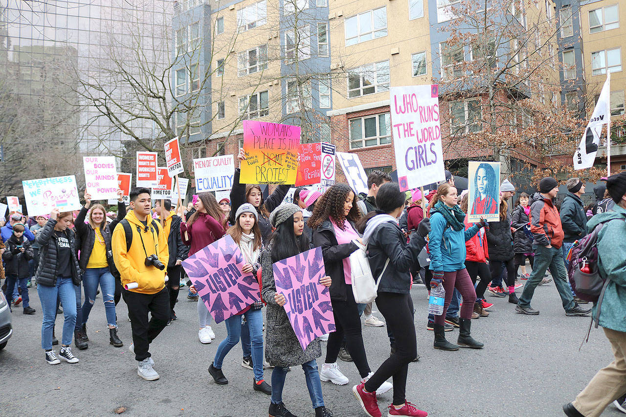Thousands attended the third annual Womxn’s March in Seattle on Jan. 19. Attendees marched from Cal Anderson Park to the Seattle Center. Stephanie Quiroz/staff photo.