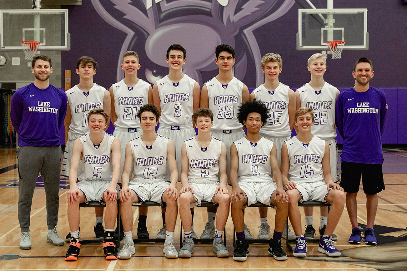 The Lake Washington Kangaroos JV boys basketball team finished in first place in the KingCo 2A/3A JV standings with an overall record of 10-2. Members of the Kangaroos JV roster included Zach Pemble, Laphonso Thomas, Sean Royal, John Edgar, Ben Nyquist, Ethan Bell, Reece Campbell, Tom Bowers, Jackson Pribic, Ryan Strausburg and Gunnar Culverhouse. The team was coached by Joe DeGrazia and Canon Rupple. Photo courtesy of the Lake Washington High School Basketball Association.