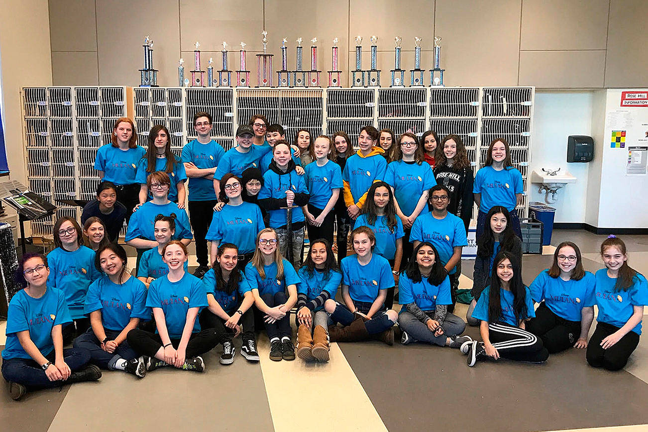 Rose Hill Middle School will present “Mulan Jr.” on March 22 and 23. Front row from left: Annika Shinoda, Audrey Yu, Vada Chambers, Grace Gentile, Brooke Barr, Jasmine Alsorour, Noella Johnson, Ariane Pereira, Simran Brar, Sadie Klinkenberg, Katie Davis. Middle row from left: Robert Schrimsher, Lena Mancano, Erisa Baba, Izzy Nelson, Kennedy Tuson, Ashley Locke, Ash Hodgson, Kayomi Prieto, Ananya Unnikrishnan, Michelle Lee. Back row from left: Lili Ponder, Danielle Burchard, Quinn Malick, Parker Mathews, Max Fanning, Kylan Guest, Cade D’Agostino, Elissa Ondrusek Sophia Mattie, Camryn Martin, Levi Cheung, Alena Speirs, Madeleine King, Kinley Moss, Lauren Jernigan, Abby Hebert. Photo courtesy of Shanna Barr.