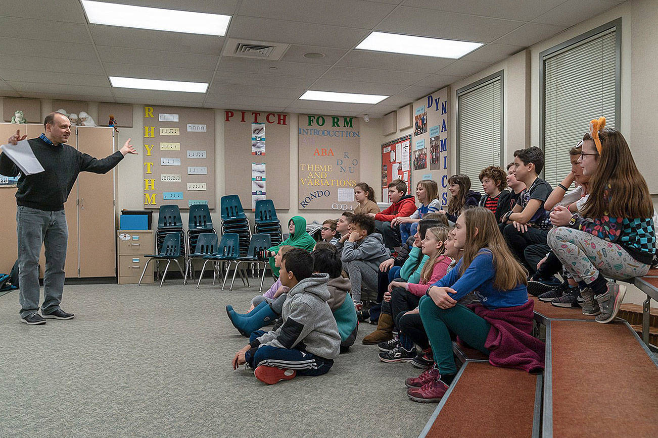 Derek Bermel, Seattle Symphony composer in residence, visited Thoreau Elementary after their composition was selected to be performed at Benaroya Hall. Photo courtesy of Seattle Symphony