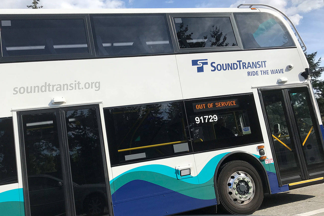 The Sound Transit double-decker buses replace the articulated buses on Everett to Bellevue routes along I-405. The 14.5-foot tall buses seat more people for an equal footprint and similar fuel economy. Kailan Manandic/staff photo