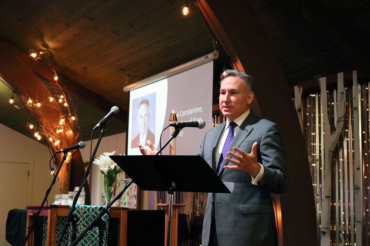 King County Executive Dow Constantine gives his remarks at the groundbreaking celebration for the Eastside’s first permanent women and family shelter. The shelter is funded by community support, King County, Kirkland and Washington state. Kailan Manandic/staff photo
