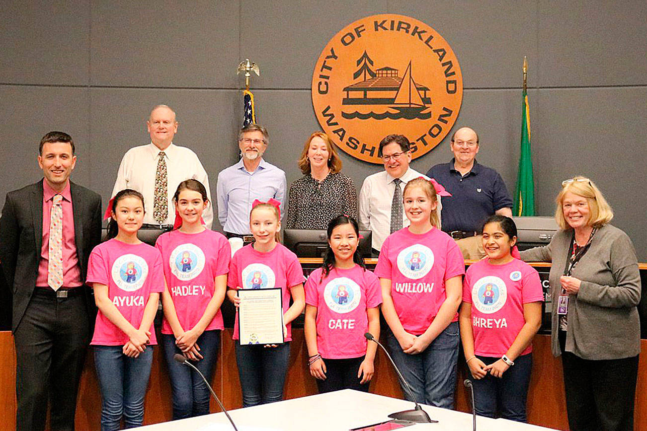 Ayuka Sakak, Hadley Cole, KJ Bradley, Cate Harrington, Willow Cook and Shreya Jaisingh of the LEGO Lassies were acknowledged for their accomplishments at the Kirkland City Council meeting on April 2. Courtesy photo.