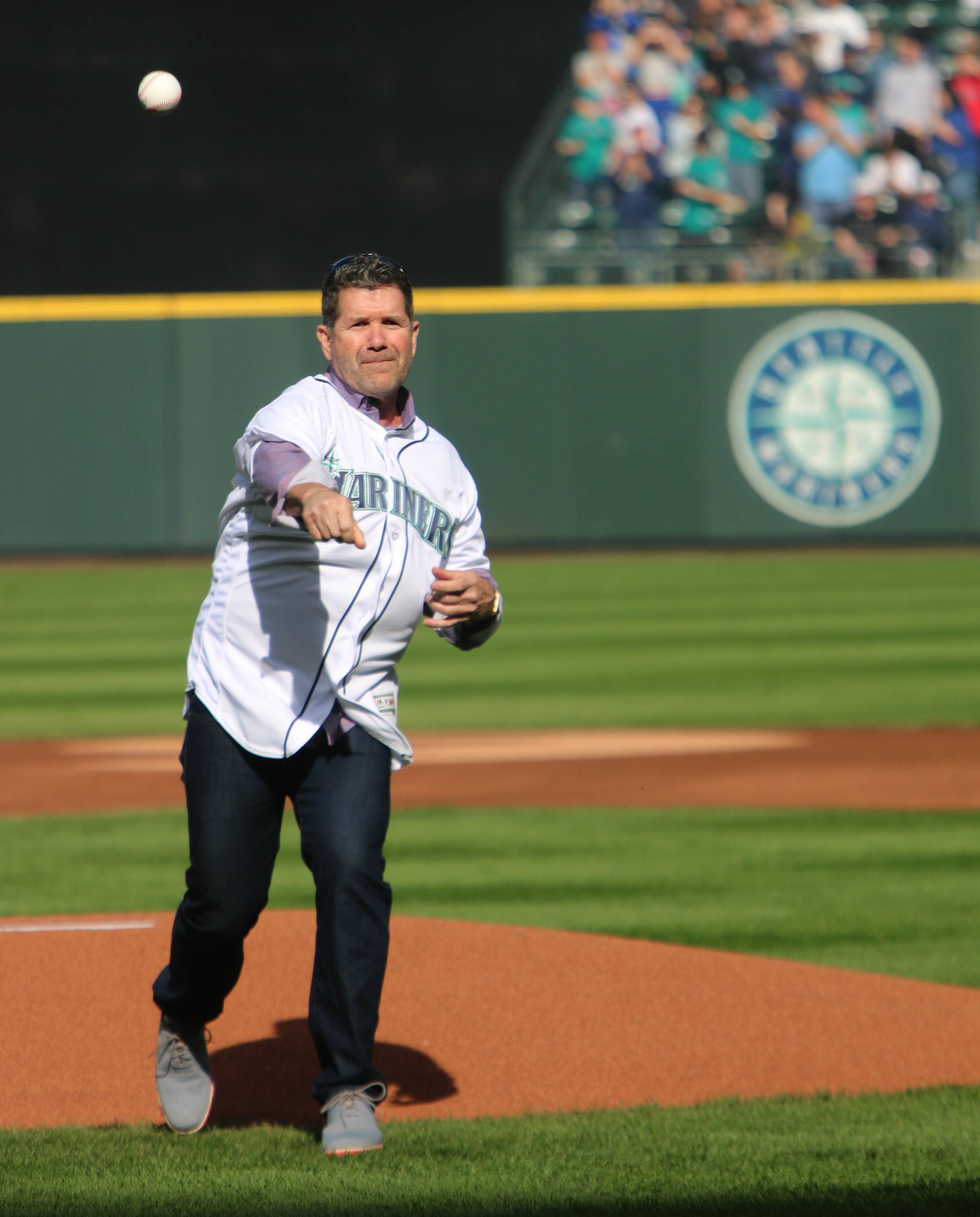 Edgar Martinez throws out the first pitch for the Mariners game on March 28. Andy Nystrom / staff photo