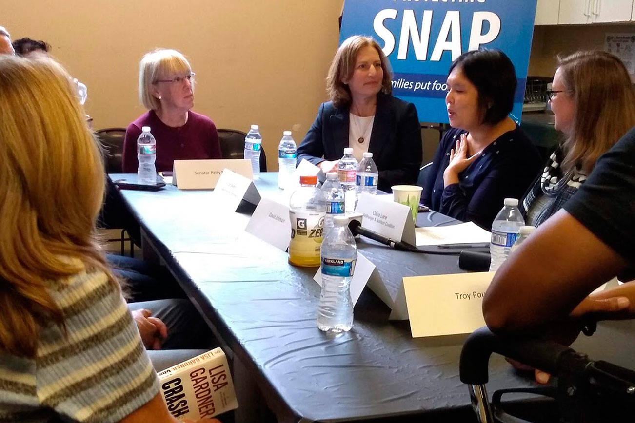 U.S. Sen. Patty Murray and Rep. Kim Schrier held a roundtable at the Issaquah Food and Clothing Bank on Oct. 3 to talk about the Trump administration’s plan to further change SNAP food benefits rules and reduce the number of people using them. Aaron Kunkler/staff photo