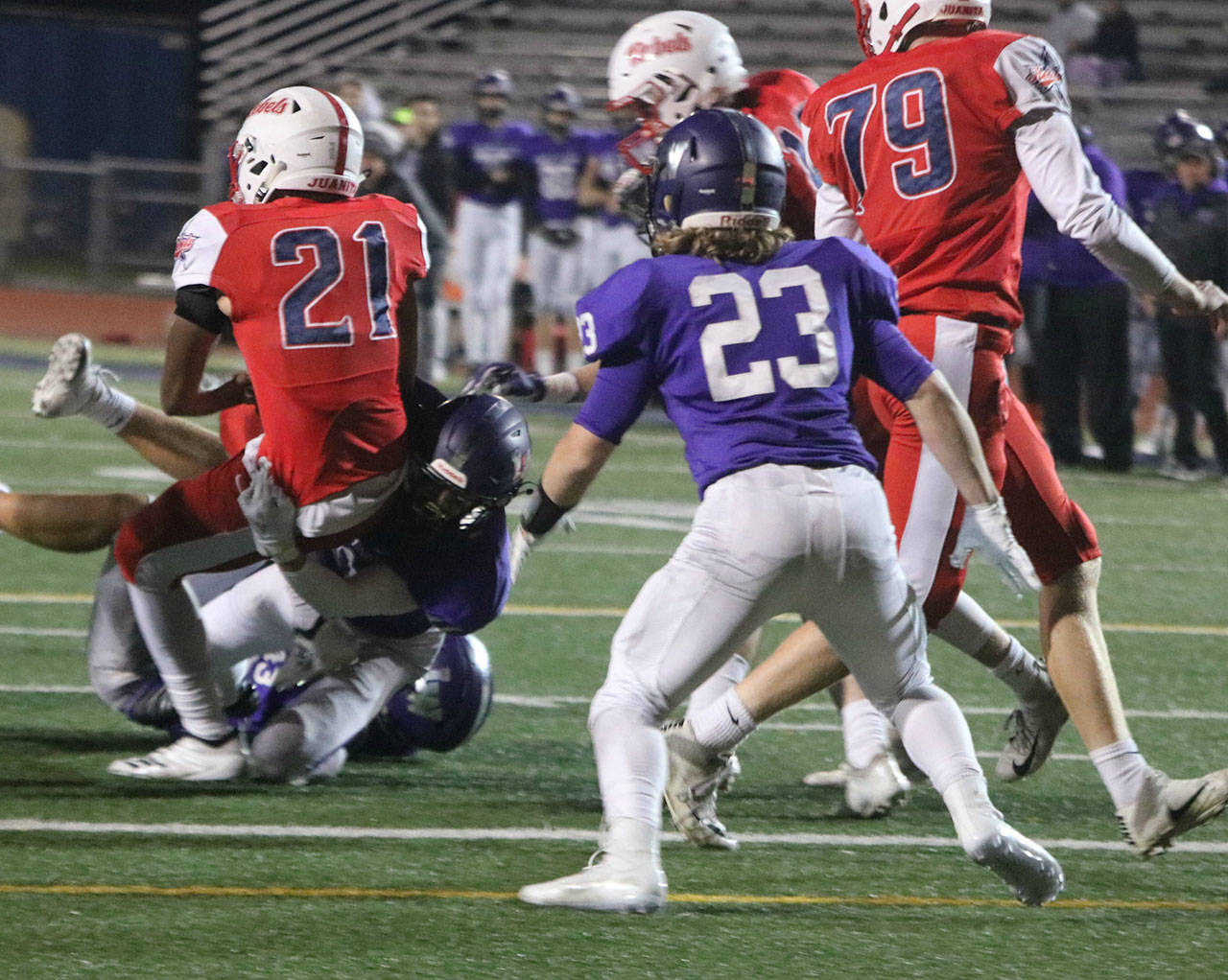 Juanita’s Brayden Brown backs into the end zone for a touchdown. Andy Nystrom/ staff photo