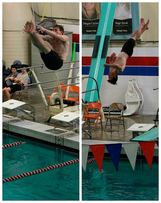 Aidan Richter soars through the air in a recent meet at the Juanita Pool. Andy Nystrom/ staff photos