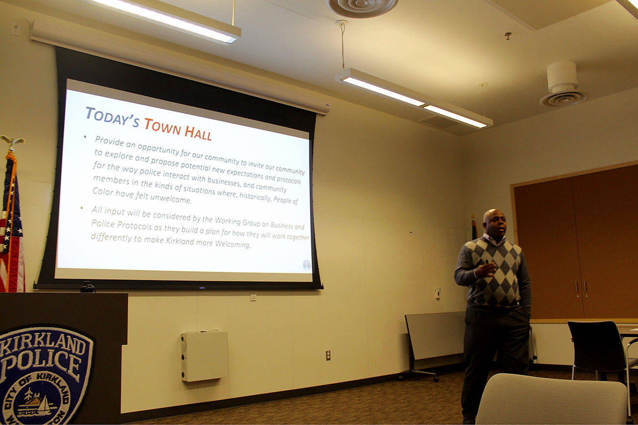 Welcoming Kirkland’s lead facilitator, James Whitfield, headed the Feb. 20 meeting. Blake Peterson/staff photo