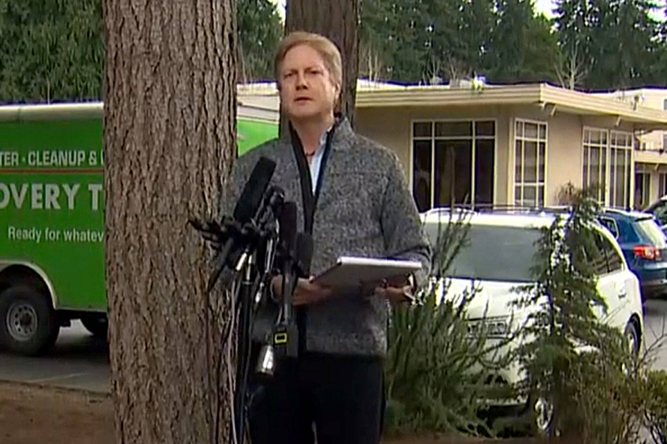 Life Care’s public information liaison Tim Killian in front of the Kirkland facility March 11. Screenshot from livestream