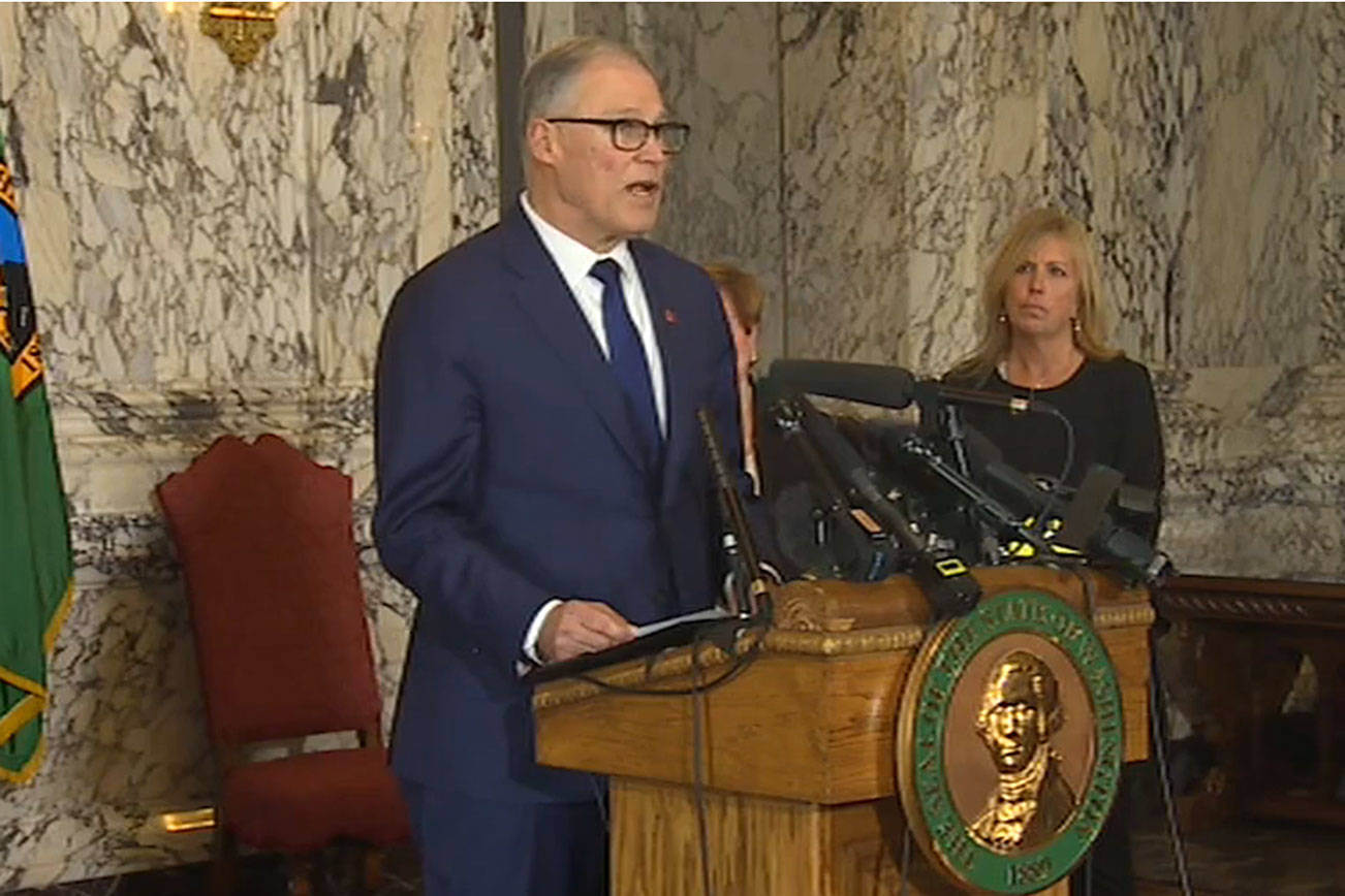 Gov. Jay Inslee speaks about closing all schools for six weeks in King, Pierce and Snohomish counties during a press conference on Thursday afternoon. Photo courtesy of tvw.org