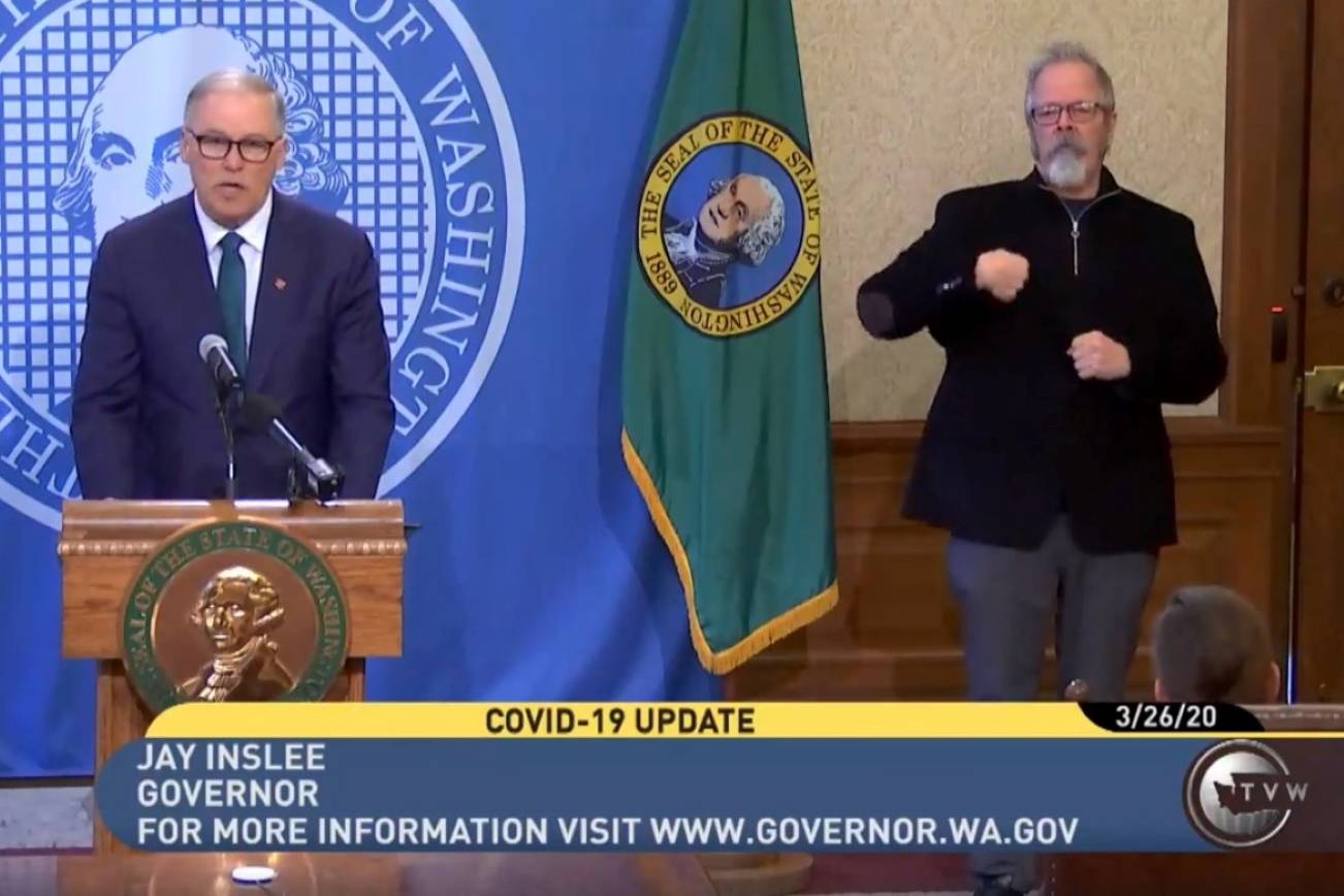 Gov. Jay Inslee discusses the COVID-19 pandemic and the state’s response during a press conference on Thursday, March 26. Screenshot