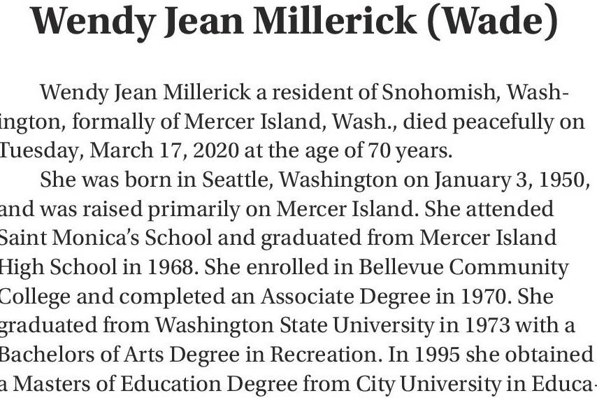 Wendy Jean Millerick (Wade) obituary