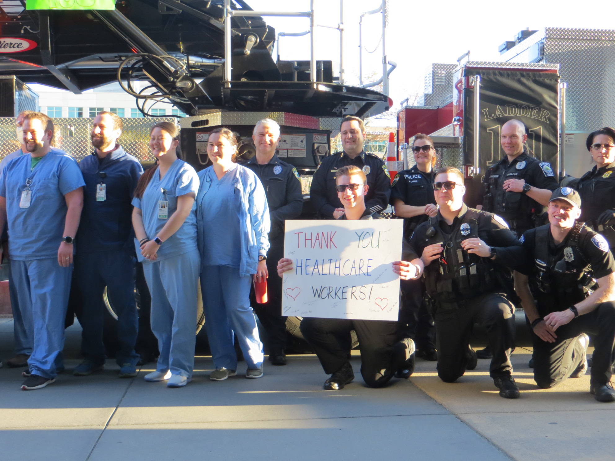 First responders who stopped by EvergreenHealth Medical Center in Kirkland to thank the doctors and nurses included members of the Kirkland, Bothell and Woodinville police departments. Samantha Pak/staff photo