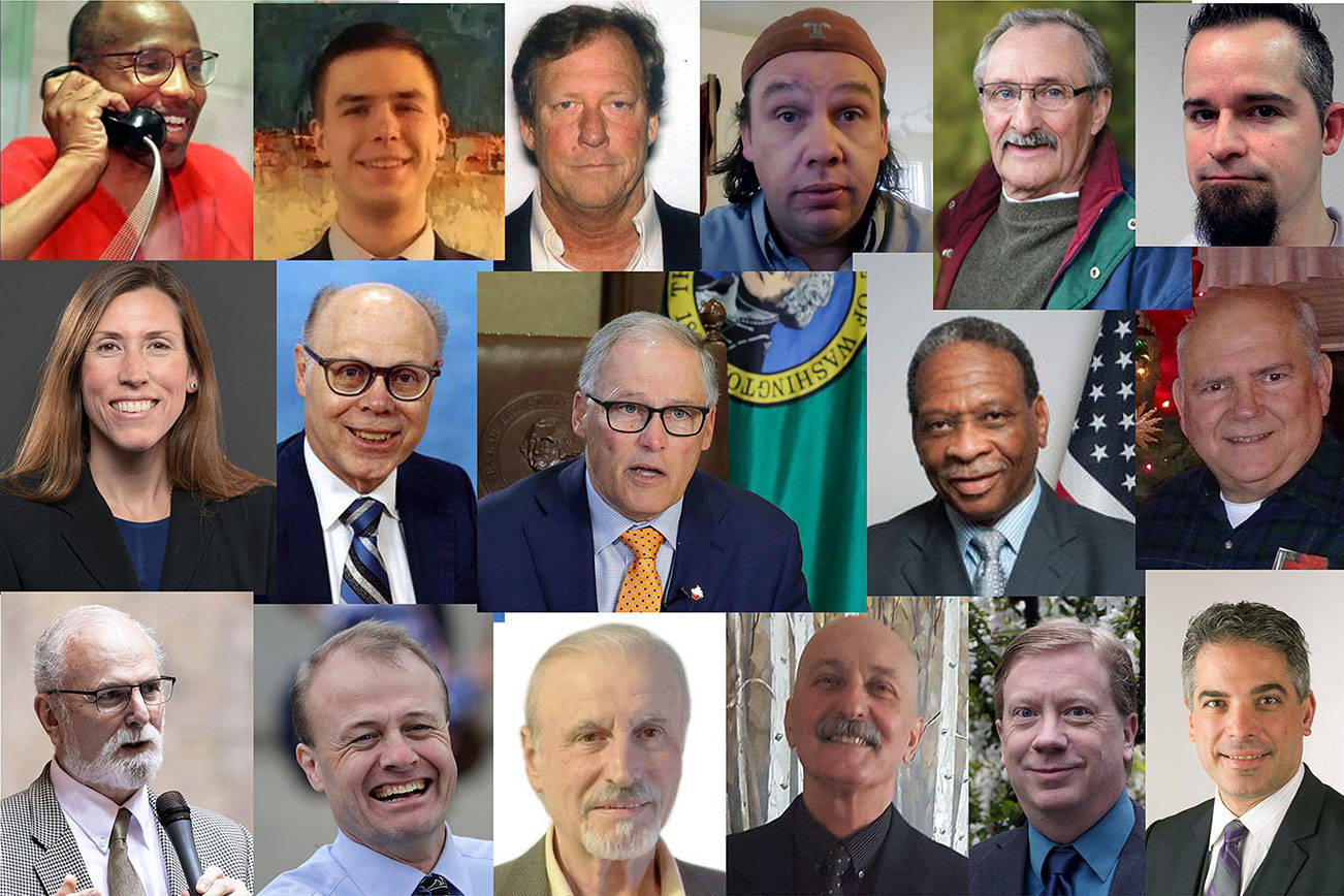 Among the candidates for Washington state governor in 2020: (Top row, L-R): Omari Tahir Garrett, Winston Wilkes, Thor Amundson, Cameron Vessey, Martin ‘Iceman’ Wheeler, Ryan Ryals; (middle row L-R): Liz Hallock, Goodspaceguy, Gov. Jay Inslee, Don Rivers, Gene Hart; (bottom row L-R): Phil Fortunato, Tim Eyman, Alex Tsimerman, Cairo D’Almeida, Cregan Newhouse, Raul Garcia.