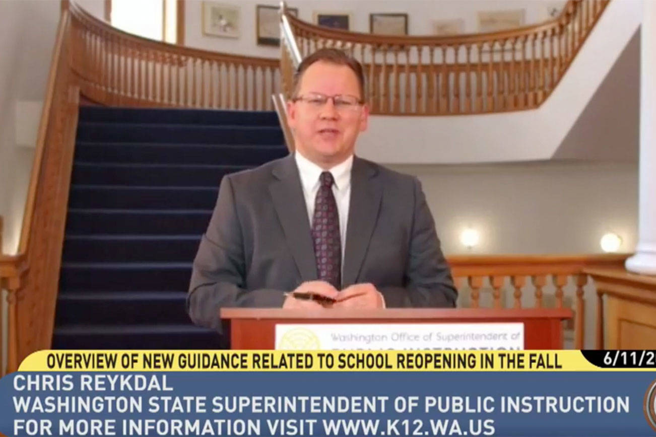 Chris Reykdal, Washington State Superintendent of Public Instruction, in a screenshot from his virtual press conference June 11. Courtesy of TVW
