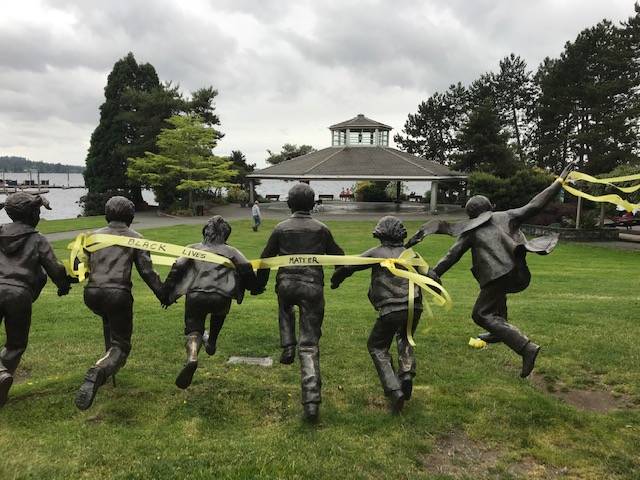 Decorated statue at Marina Park in support of Black Lives Matter efforts. Reader submitted photo.