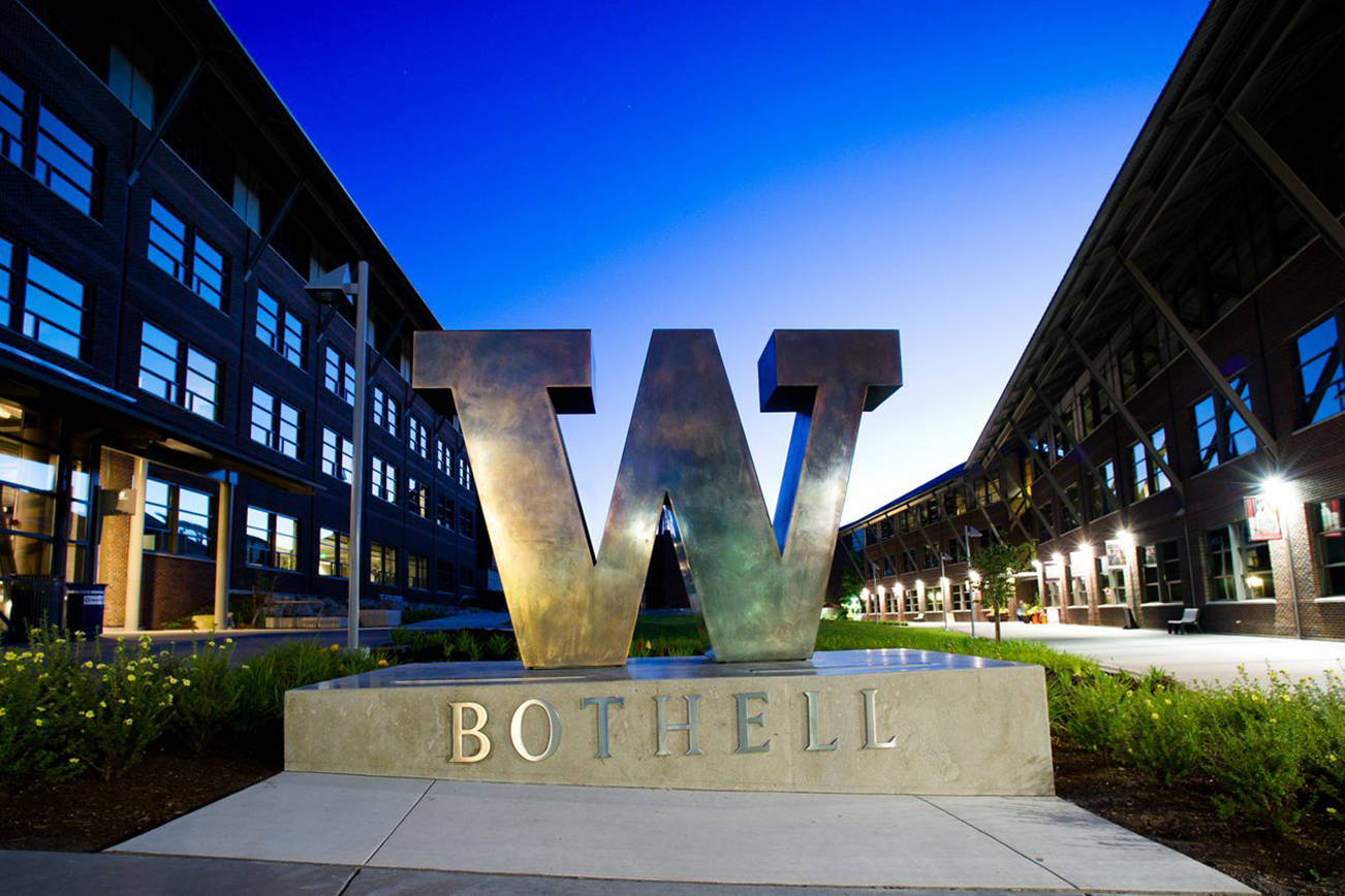 Public and private universities, colleges, technical schools, apprenticeship programs and similar schools and programs may resume general instruction, including in-person classes and lectures, starting Aug. 1. Pictured: The University of Washington-Bothell campus. File photo