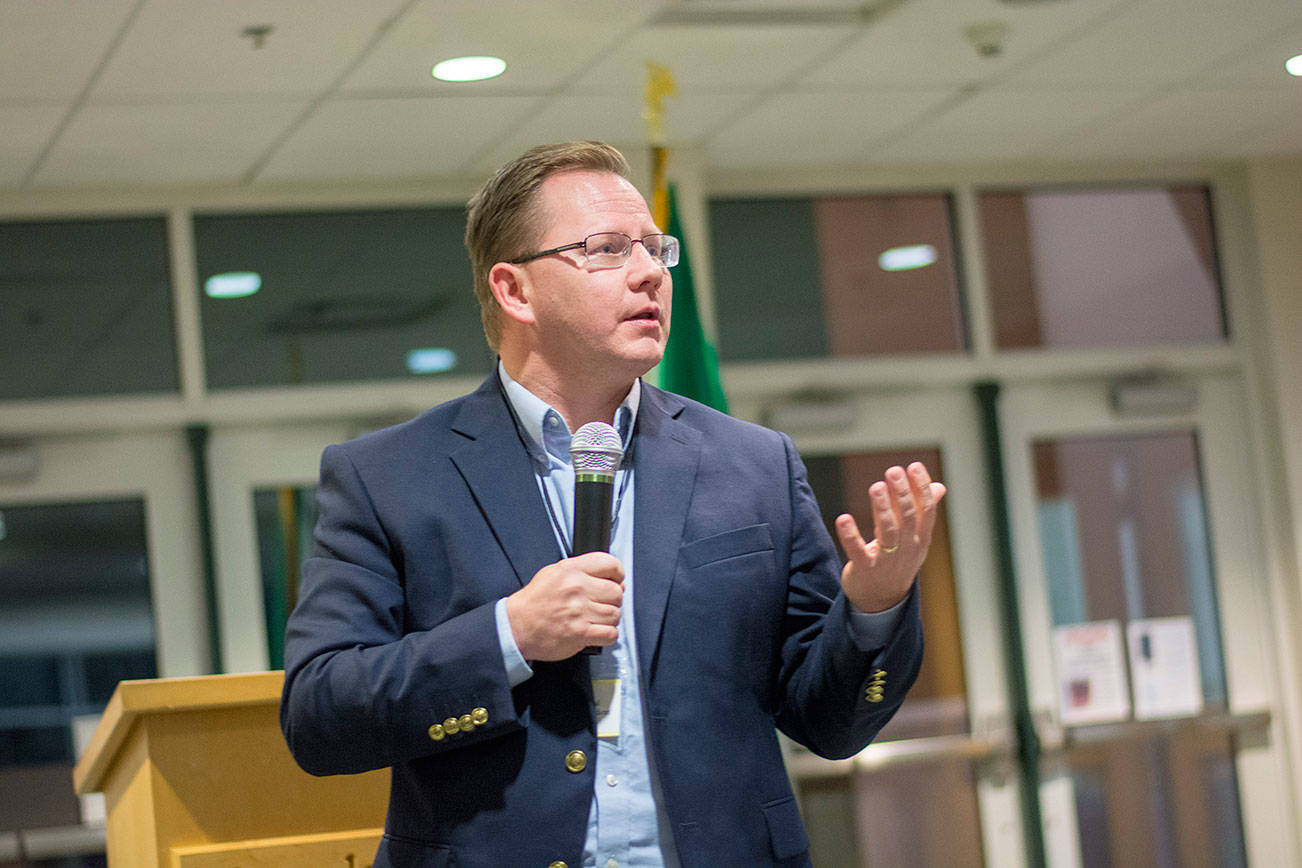 State Superintendent of Public Instruction Chris Reykdal told a crowd in Port Angeles he would like to see school districts have the ability to increase their local levies. (Jesse Major/Peninsula Daily News)