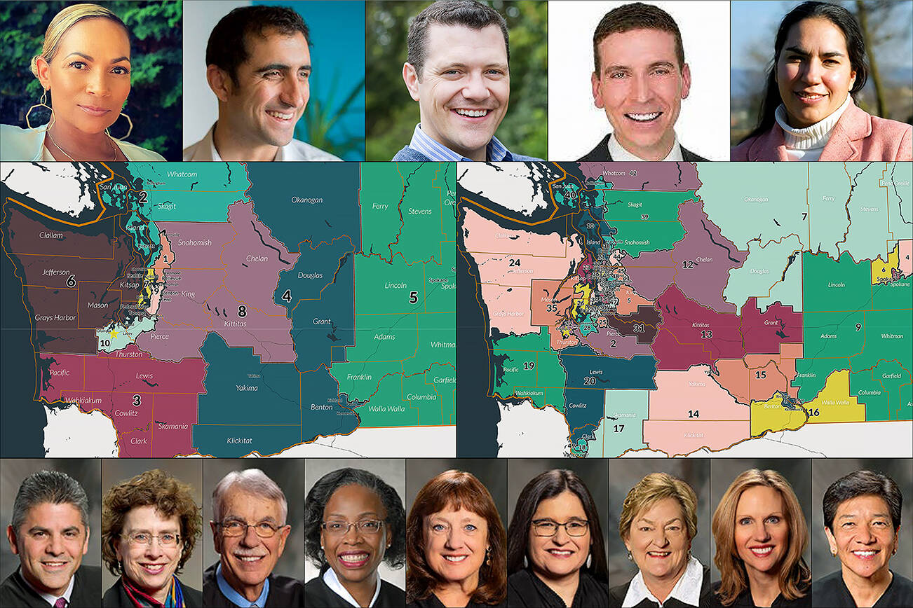 Top: Washington State Redistricting Commissioners (from left) April Sims, Brady Piñero Walkinshaw, Joe Fain, Paul Graves and Sarah Augustine. Center: Congressional map (left) and Legislative map. Bottom: Washington State Supreme Court Justices (from left) González, Gordon McCloud, Johnson, Whitener, Madsen, Montoya-Lewis, Owens, Stephens and Yu.