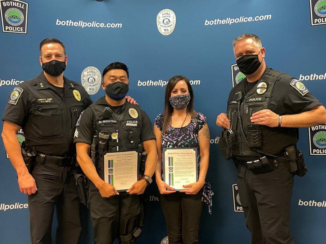 Deputy Police Chief Clint Beck, Sgt. Ethan Nguyen, Navigator Danielle Fernandez and Police Chief Ken Seuberlich at a RADAR commendation ceremony in May of 2021, recognizing Nguyen and Fernandez’s exceptional work. Courtesy photo