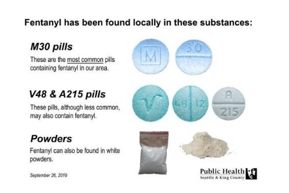 In King County, fentanyl is most commonly seen in blue, greenish, or pale colored counterfeit pills. Photo courtesy of King County.