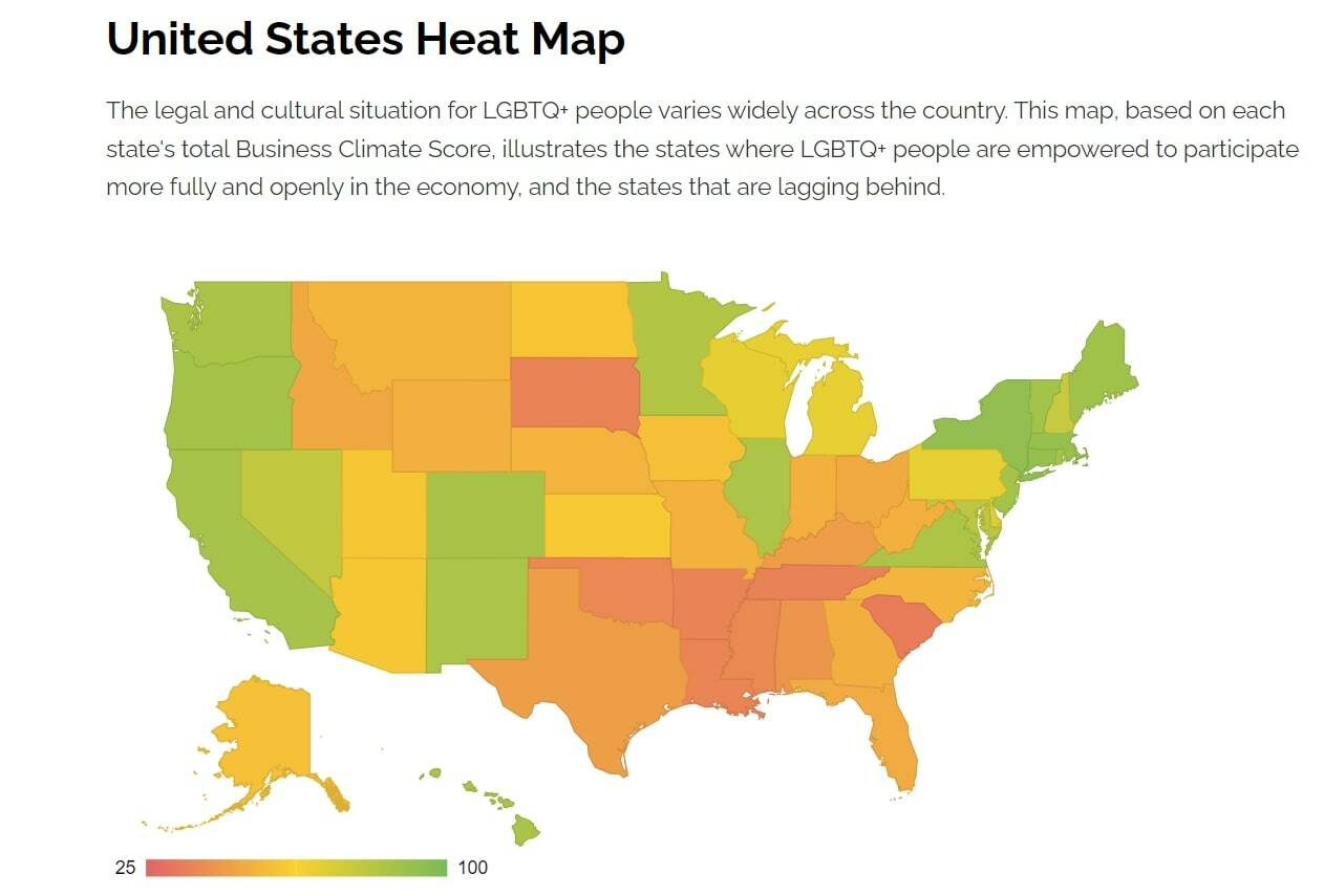 A heatmap showing the inclusivity of each state, which is based on the total Business Climate Score. The green states are the most inclusive, while the red are least inclusive; yellow and orange fall in the middle. Courtesy of Out Leadership.