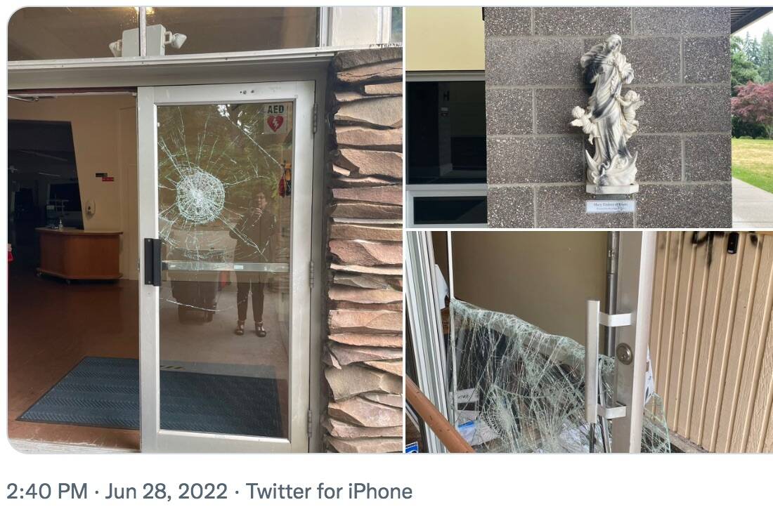 Photos of the damage to church property (Screenshot from Bellevue Police Department Twitter)
