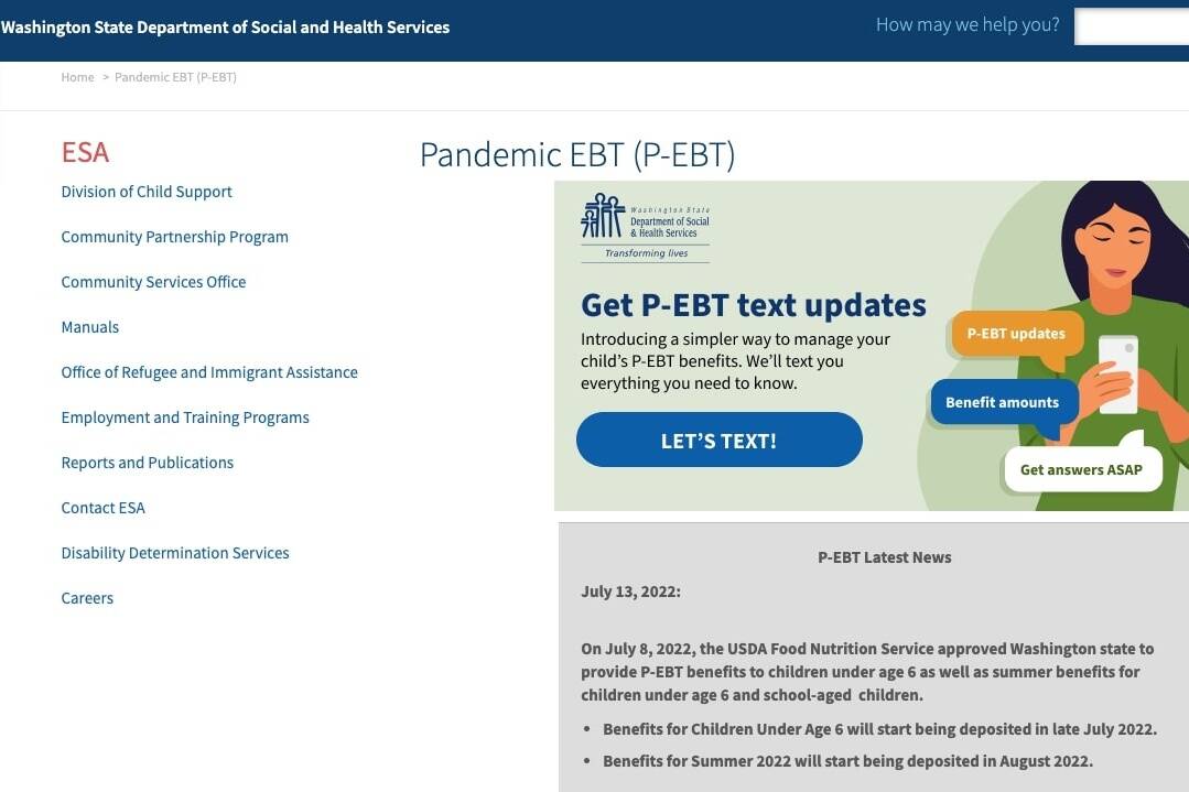 Screenshot of Washington State Department of Social and Health Services (DSHS) website. Visit www.dshs.wa.gov/esa/community-services-offices/pandemic-ebt-p-ebt