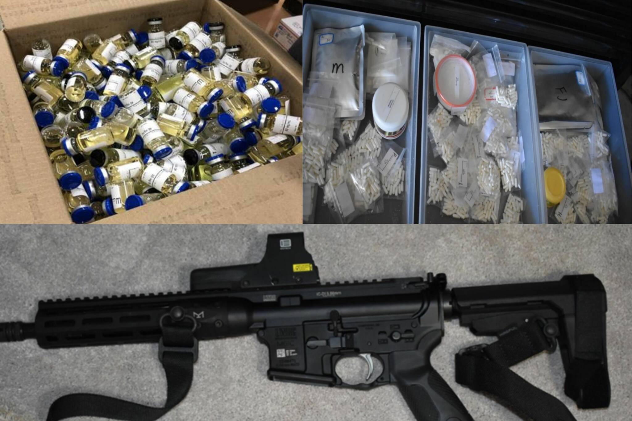 Intercepted box of illegal anabolic steroids, containers of illegal anabolic steroid pills and powder, and a firearm seized during warrant application. (Courtesy of City of Kirkland)