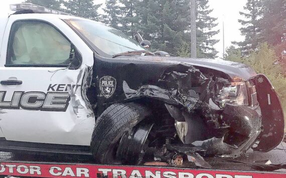 In this 2019 file photo: A Kent Police SUV is recovered near Interstate 90 and Highway 18 after a woman reportedly stole the vehicle near Kentridge High School and led police on a pursuit. Officers arrested the woman in the vehicle near I-90 and Highway 18. Nobody was injured during the pursuit. COURTESY PHOTO